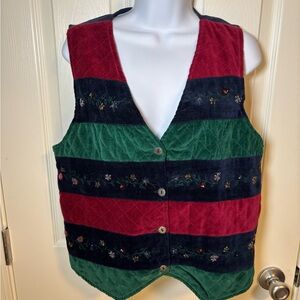 Vintage embroidered floral button-up vest in navy and burgundy-size small